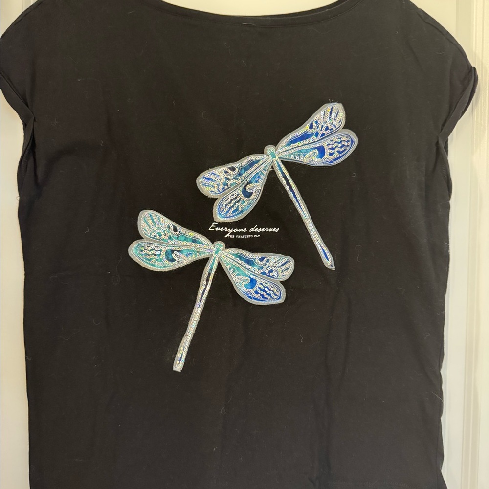 Black T-Shirt with Blue Dragonfly Design